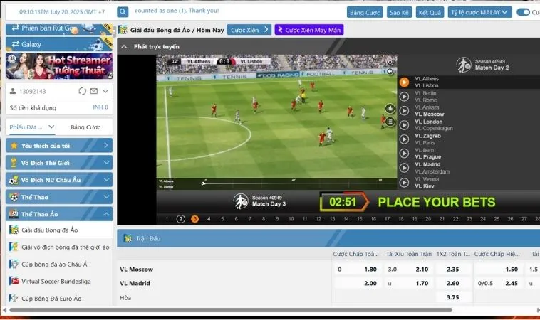 Giao diện đặt cược thể thao ảo SA88