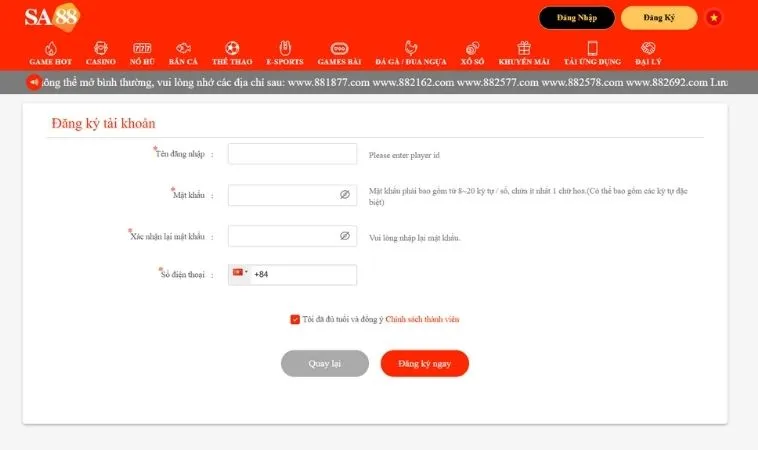 Đăng Ký SA88 Nhanh Chóng Dễ Dàng Chinh Phục Giải Trí Đỉnh Cao 2025 2 Giao diện đăng ký SA88